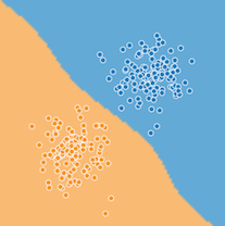 The separator between classes learned by a model in a binary class or multi-class classification problems. For example, in the following image representing a binary classification problem, the decision boundary is the frontier between the orange class and the blue class: